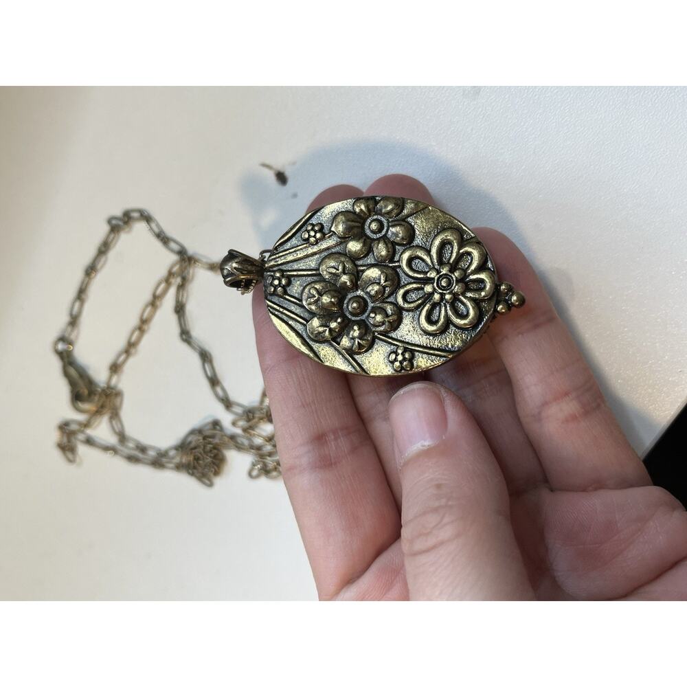 Vintage Antique Bronze Reversible Medallion Necklace Long Flower Domed Cage 40” - Picture 8 of 12